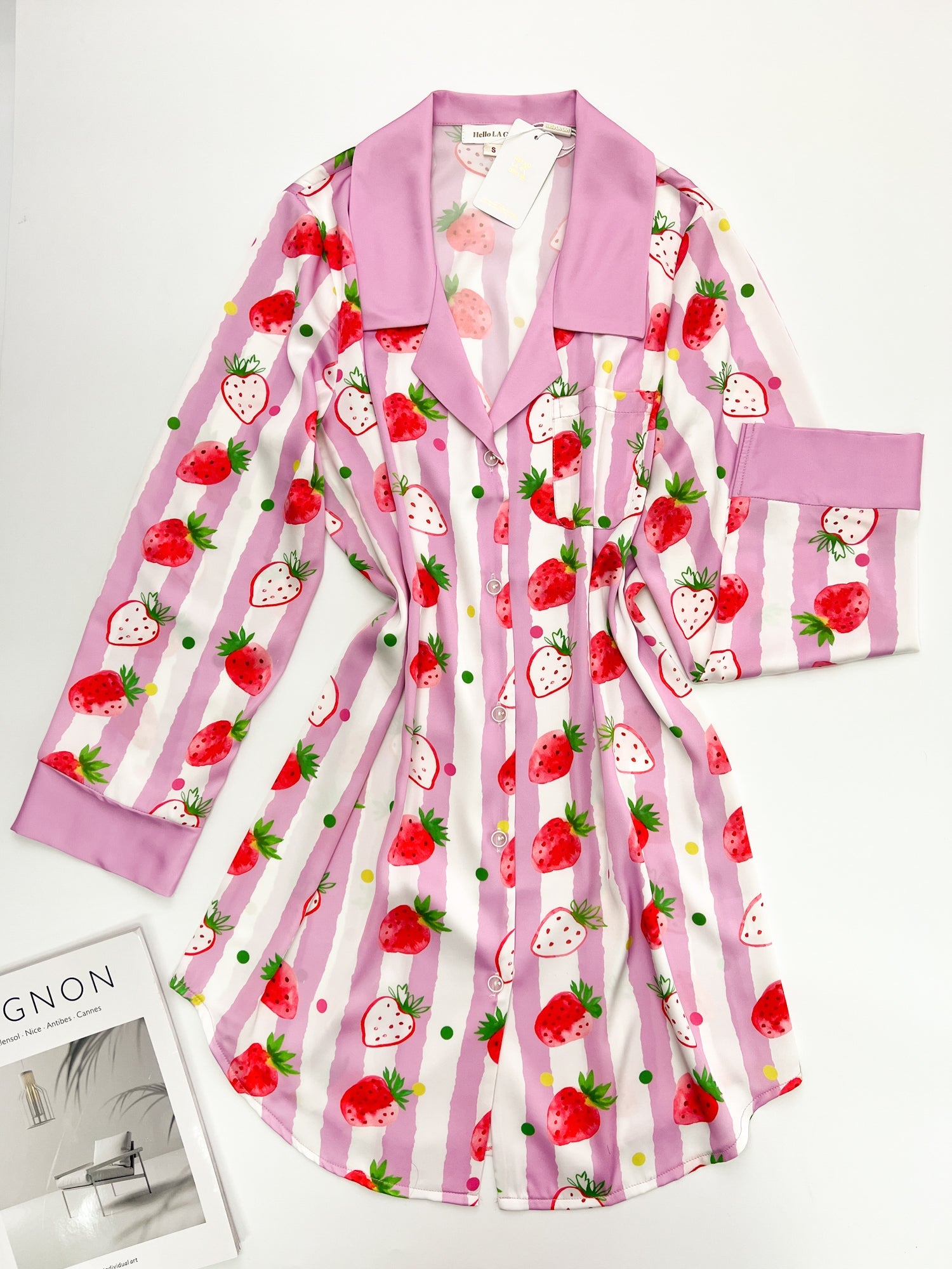 Strawberries Print Pink Stripes Sleep Shirt Silky Satin Pajamas Sleepshirt