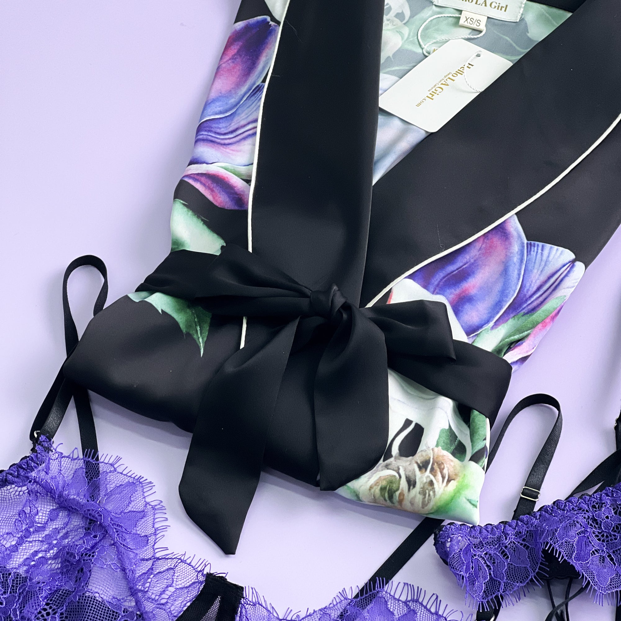 Purple Flower Print Silky Satin Robe With Belt