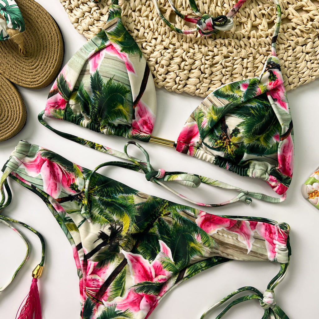 Green & Pink Floral Halter Adjustable Triangle Bikini Set