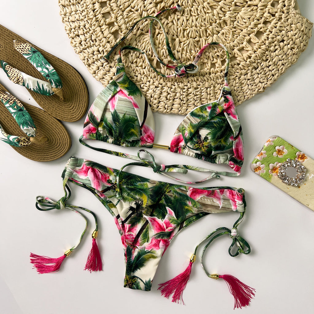 Green & Pink Floral Halter Adjustable Triangle Bikini Set