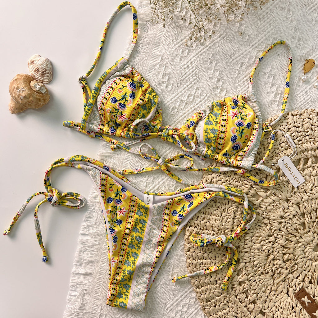 Yellow Bohemia Print Straps Bikini Set