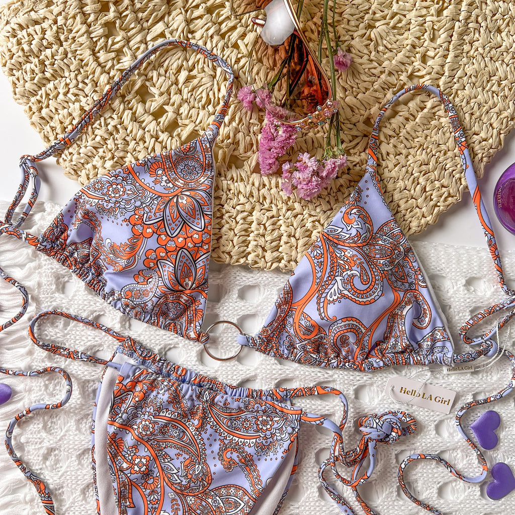 Purple Vintage Flowers Print Straps Bikini Set