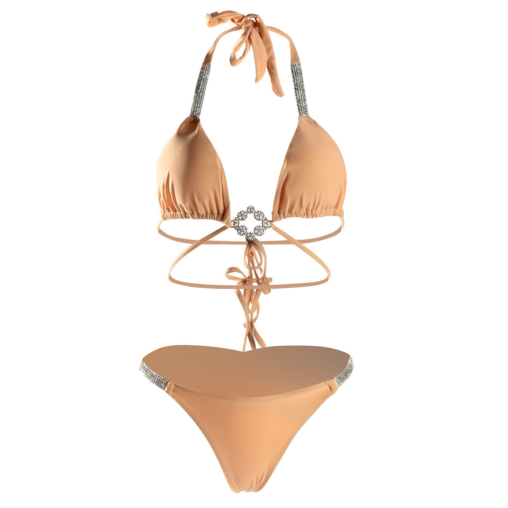 Apricot Luxury Rhinestone Ruched Bottom Solid Halter bikini Set