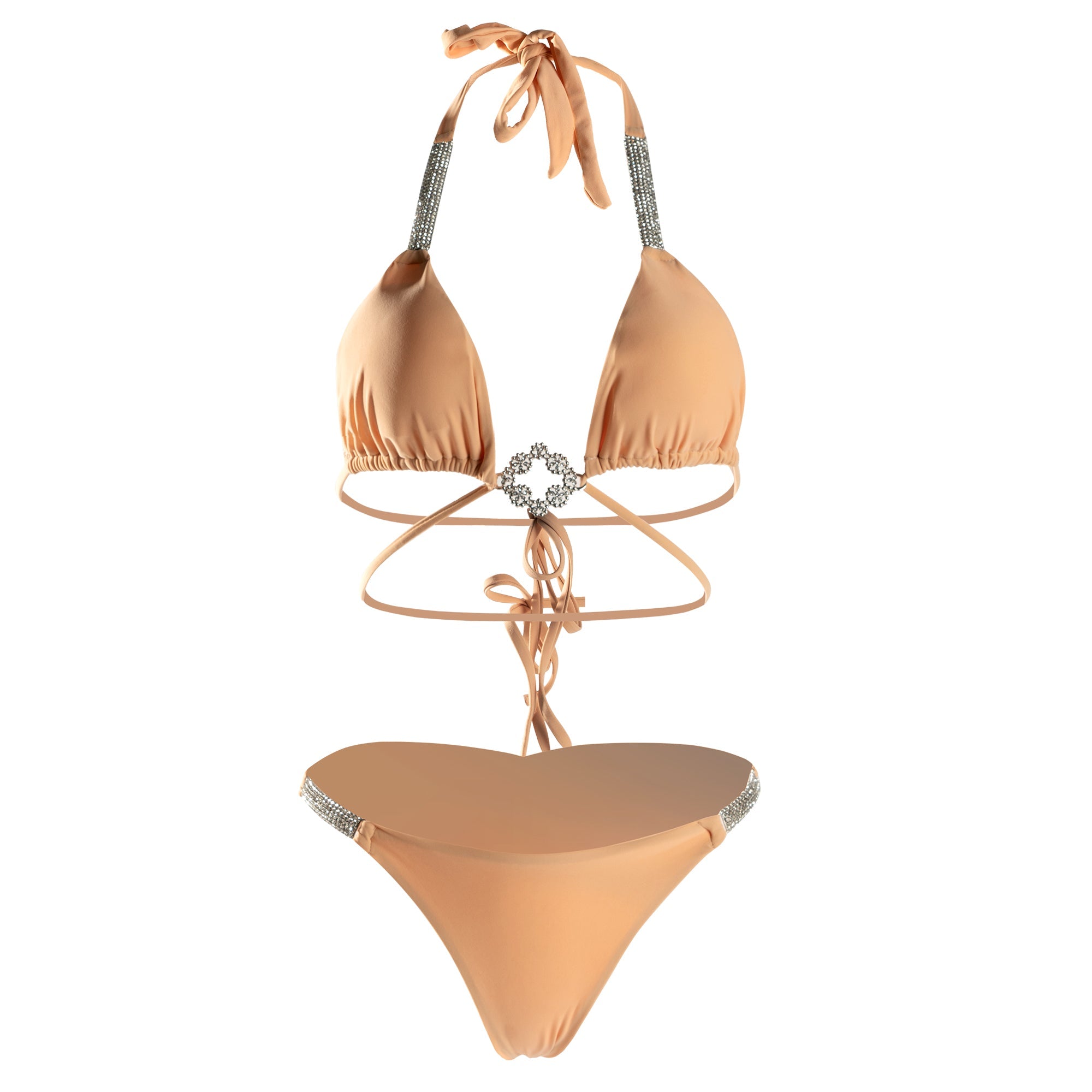 Apricot Luxury Rhinestone Ruched Bottom Solid Halter bikini Set