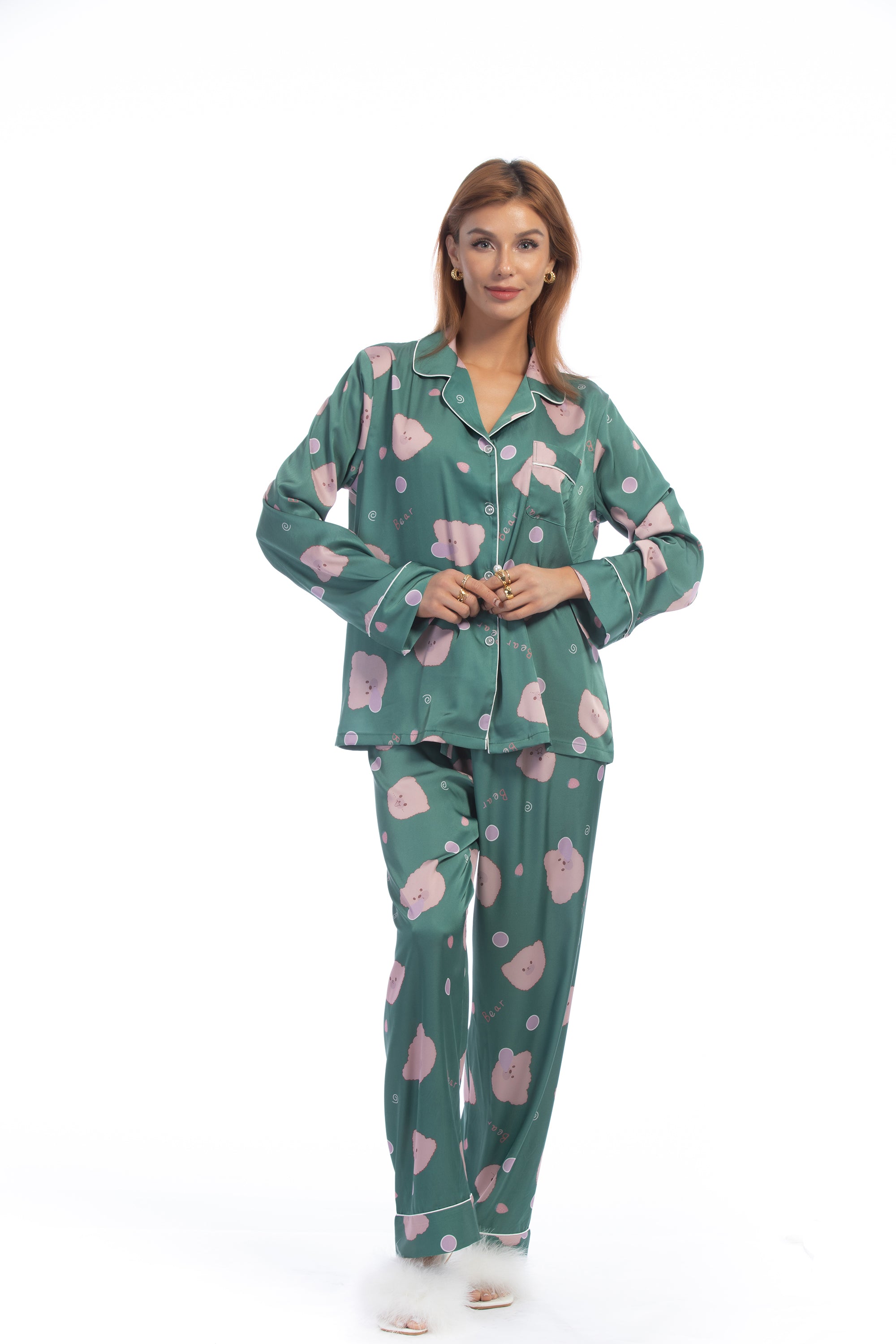 Green Bear Print Silky Satin Pajamas Set