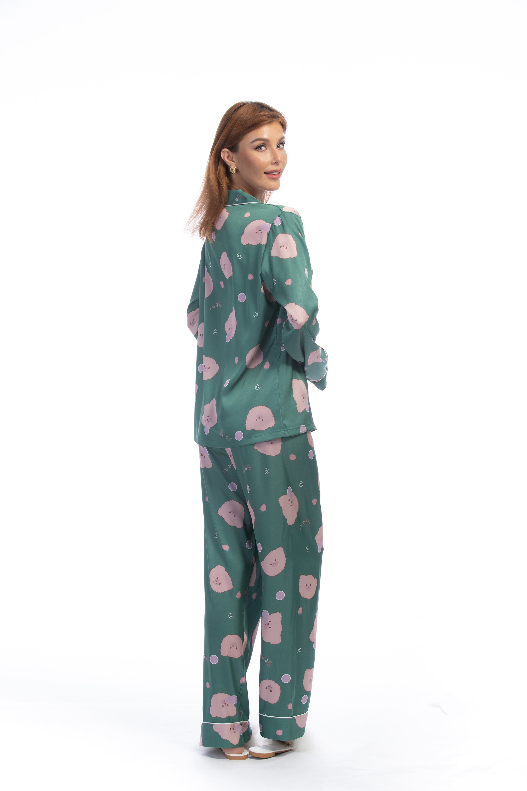 Green Bear Print Silky Satin Pajamas Set