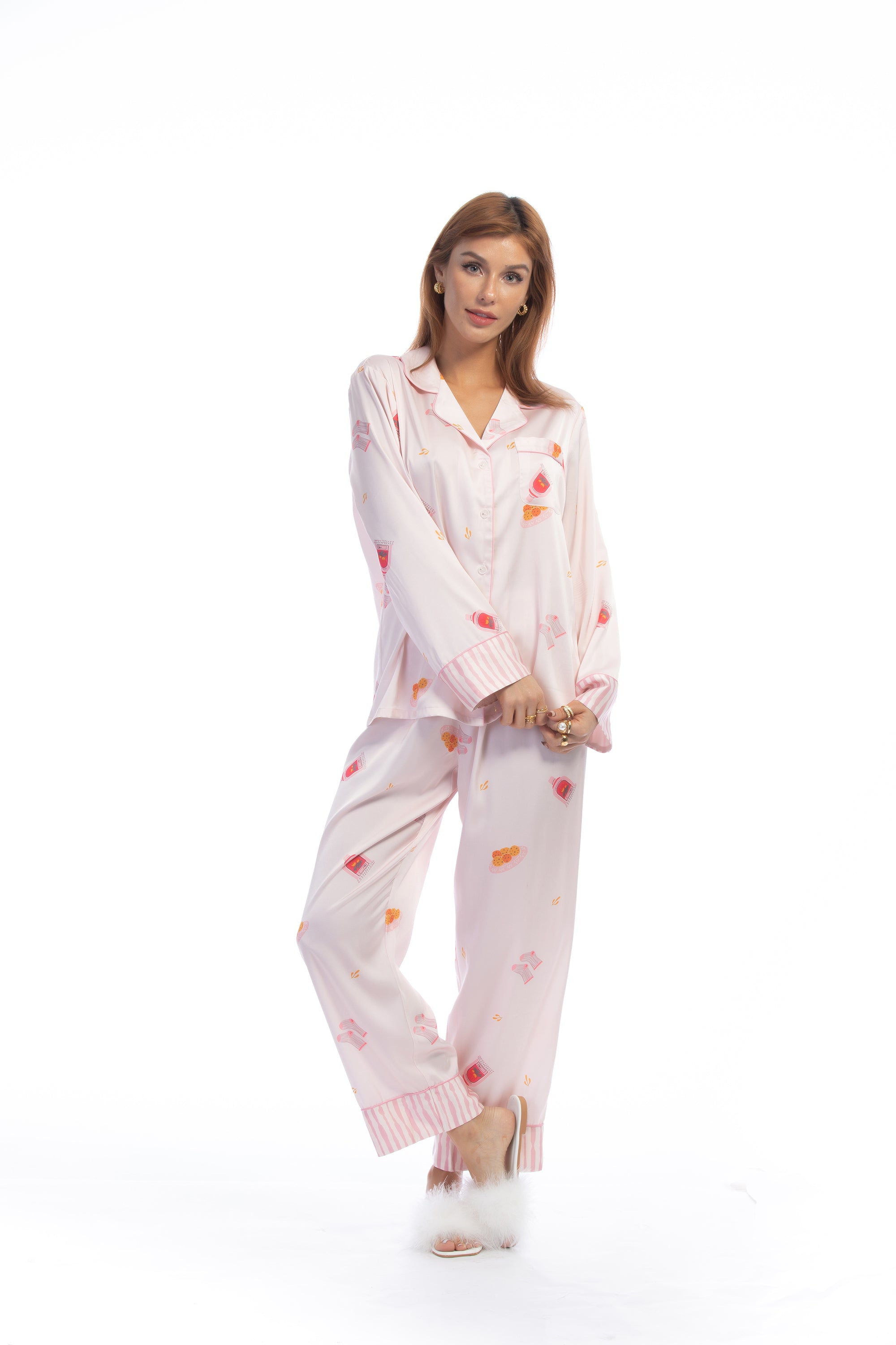 Cute Pink Stripe Pattern Silky Satin Pajamas Set