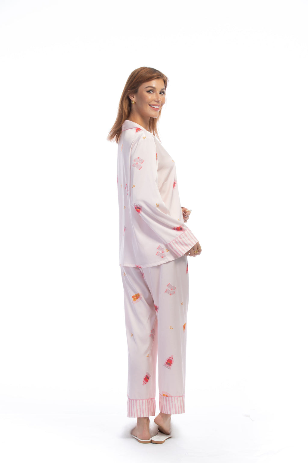 Cute Pink Stripe Pattern Silky Satin Pajamas Set