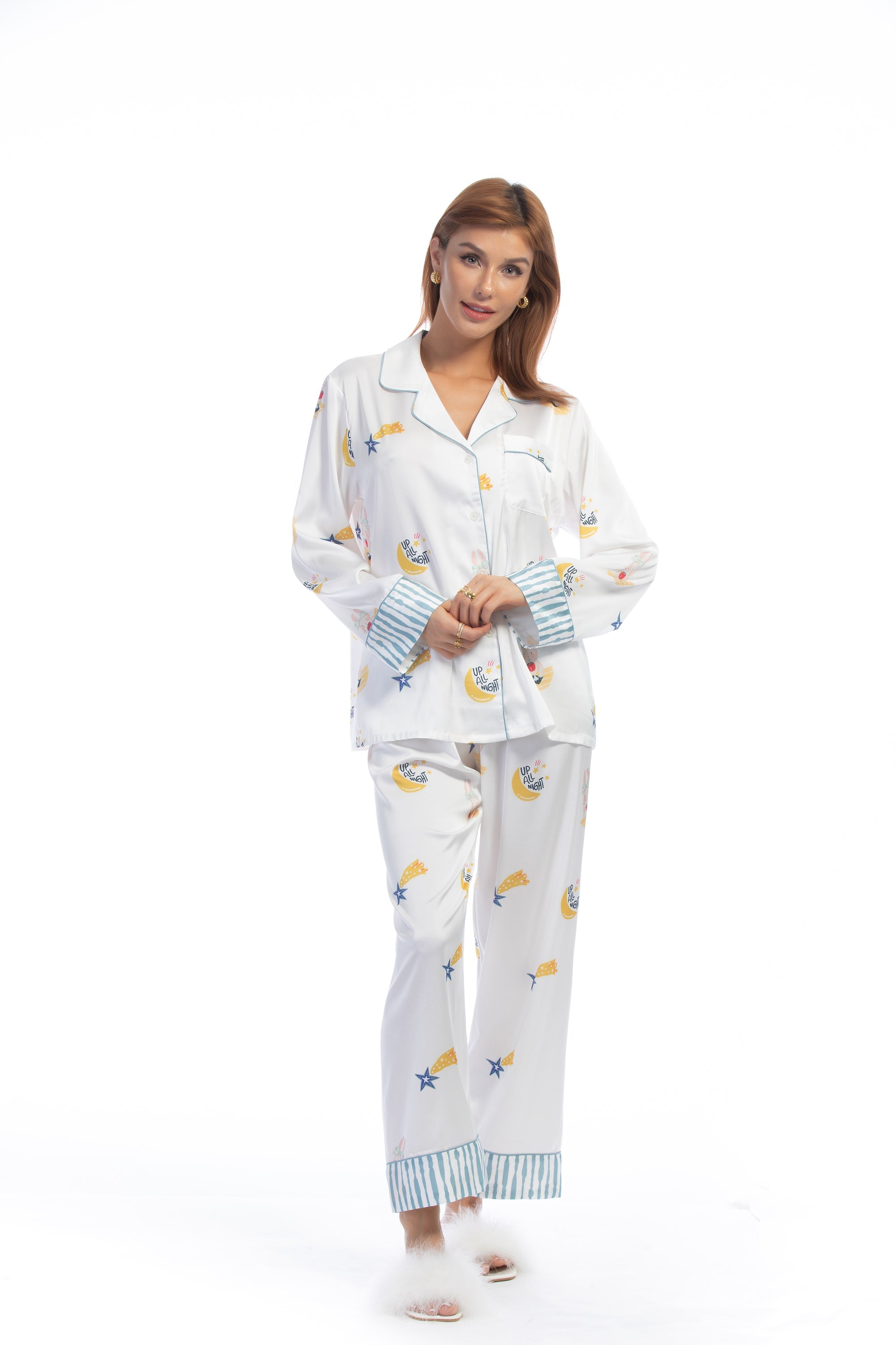 Blue Stripe Cartoon Print Silky Satin Pajamas Set