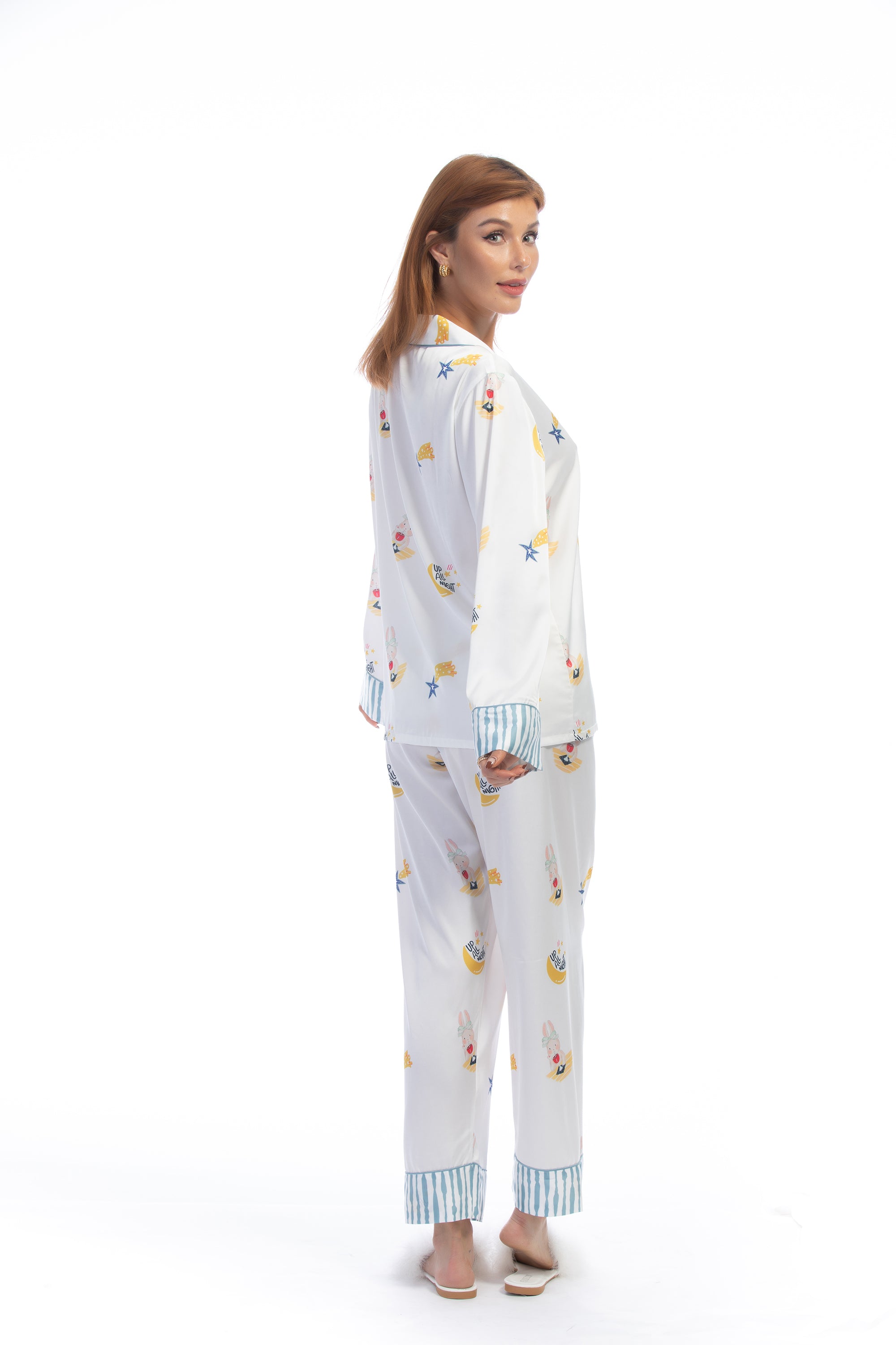 Blue Stripe Cartoon Print Silky Satin Pajamas Set