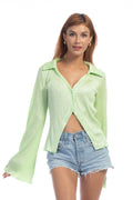 Fluorescent Green Silk Shirt Long Sleeve Top