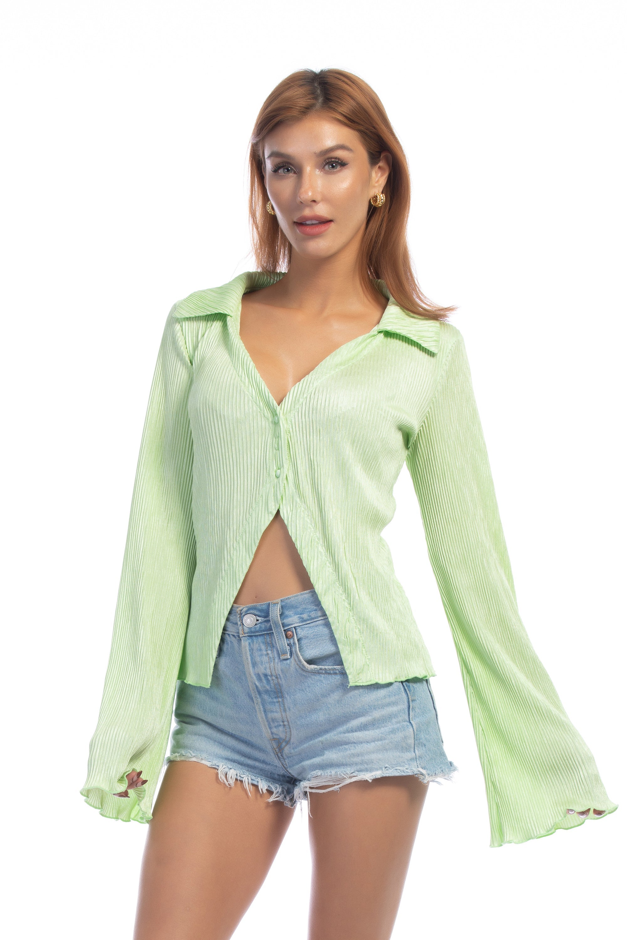 Fluorescent Green Silk Shirt Long Sleeve Top