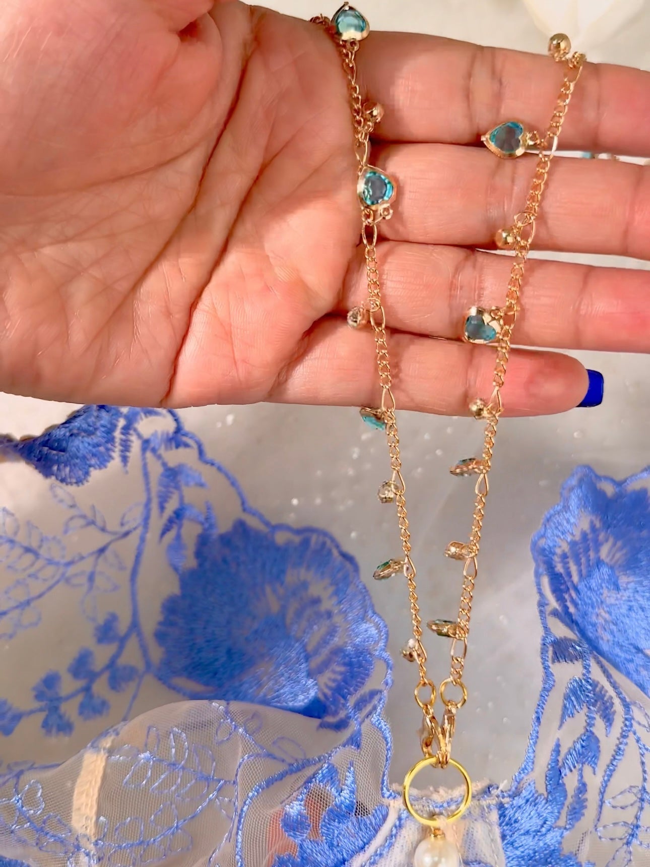 Azure Bloom Chain-Detail Embroidered Lingerie Set