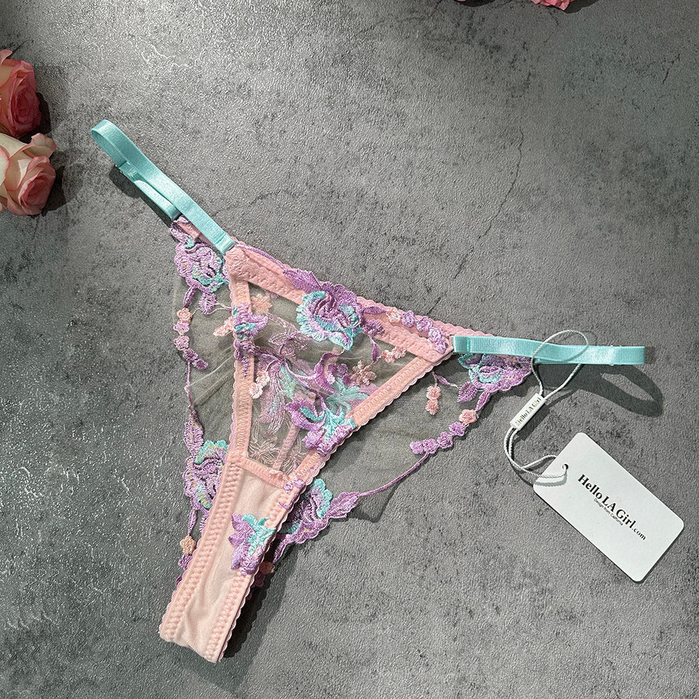 Pastel Floral Embroidery Sheer Lingerie Set