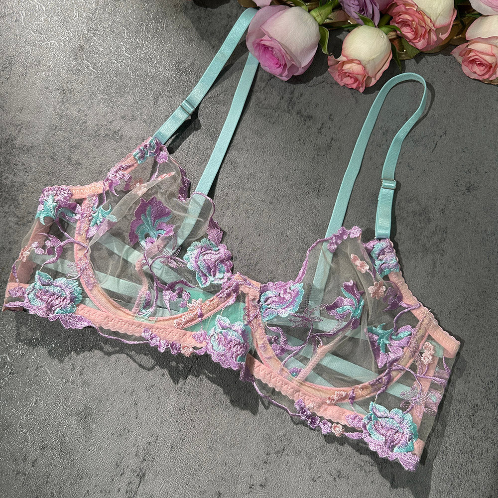 Pastel Floral Embroidery Sheer Lingerie Set