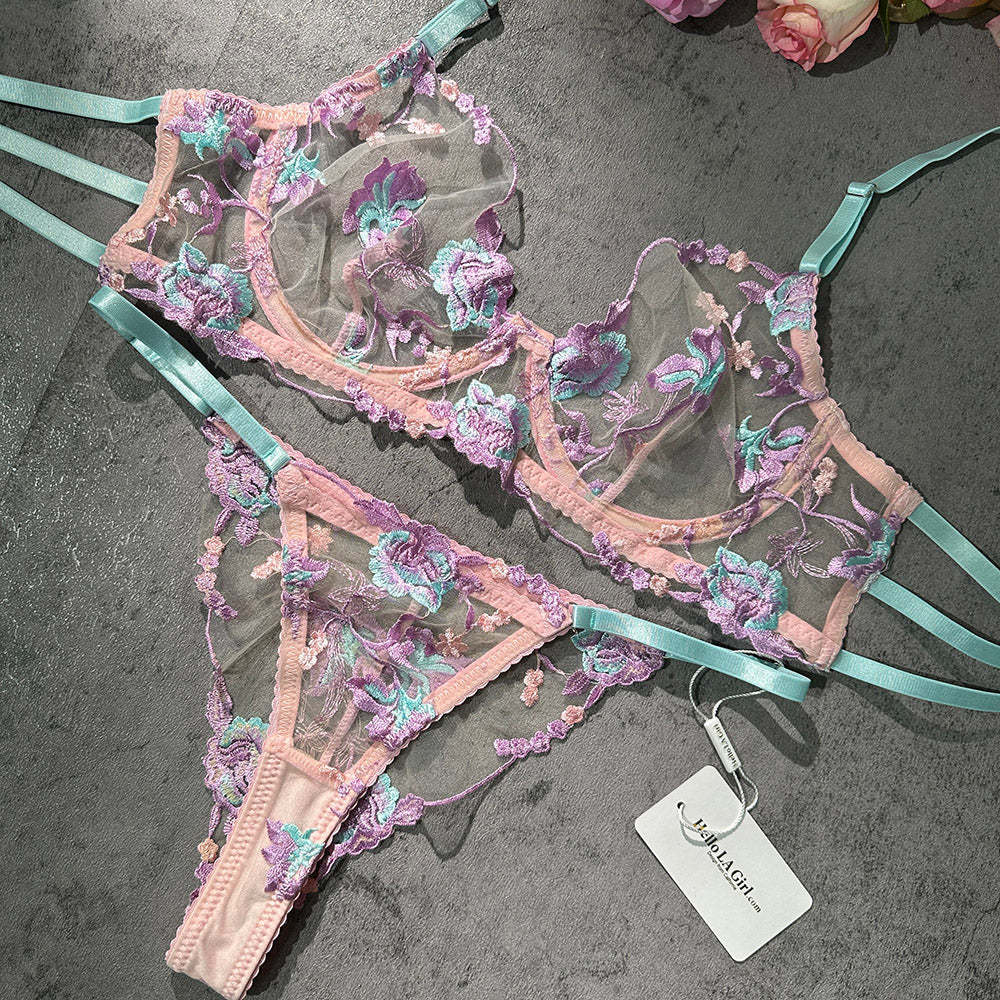 Pastel Floral Embroidery Sheer Lingerie Set