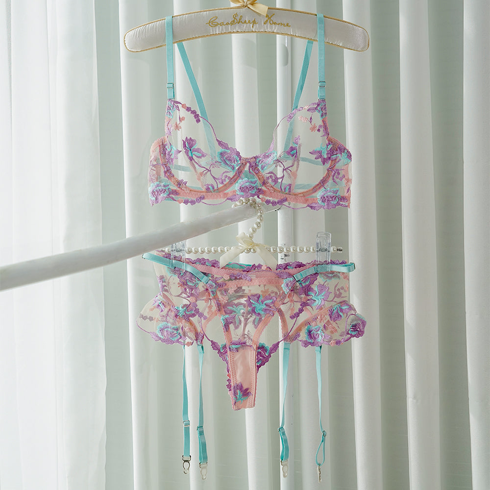 Pastel Floral Embroidery Sheer Lingerie Set