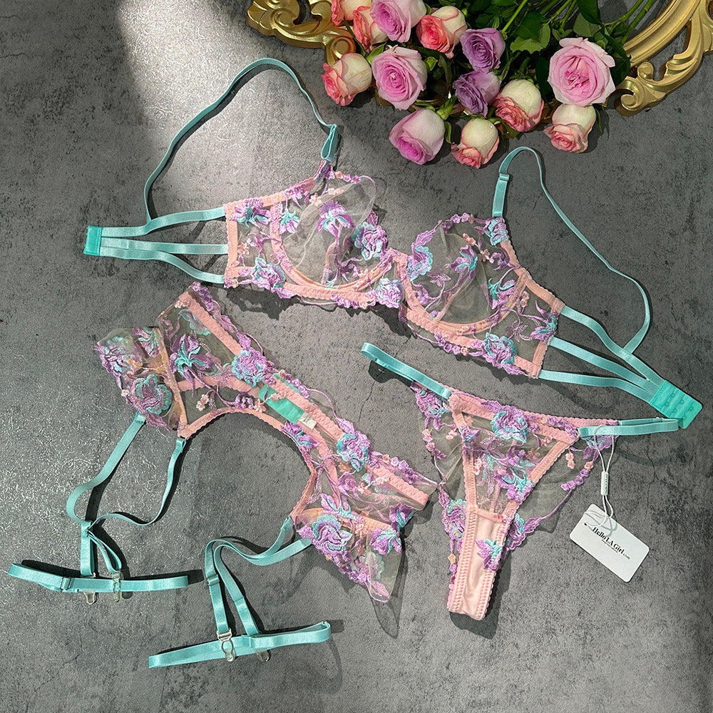 Pastel Floral Embroidery Sheer Lingerie Set