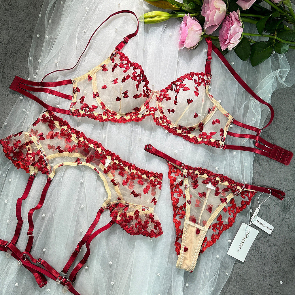 Crimson Petal Embroidery Sheer Lingerie Set