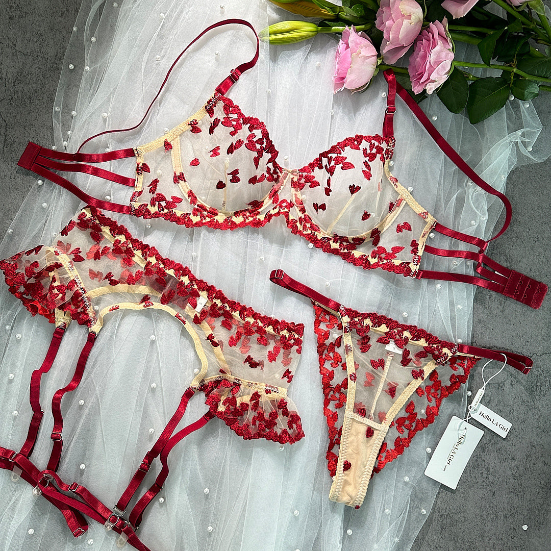Crimson Petal Embroidery Sheer Lingerie Set