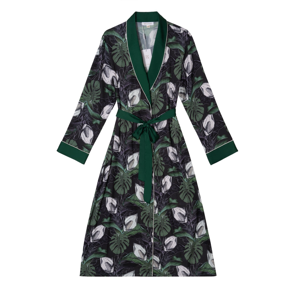 Tropical Print Green Silky Satin Robe With Belt