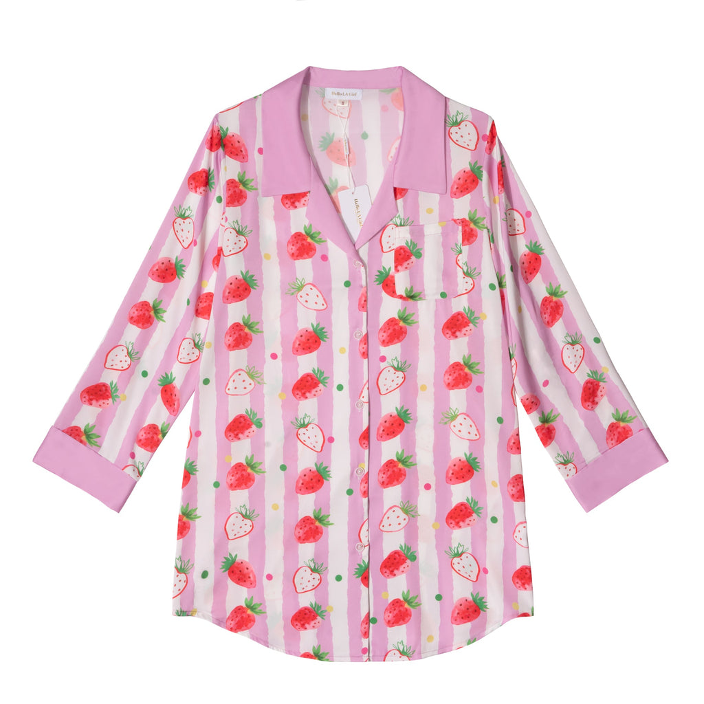 Strawberries Print Pink Stripes Sleep Shirt Silky Satin Pajamas Sleepshirt