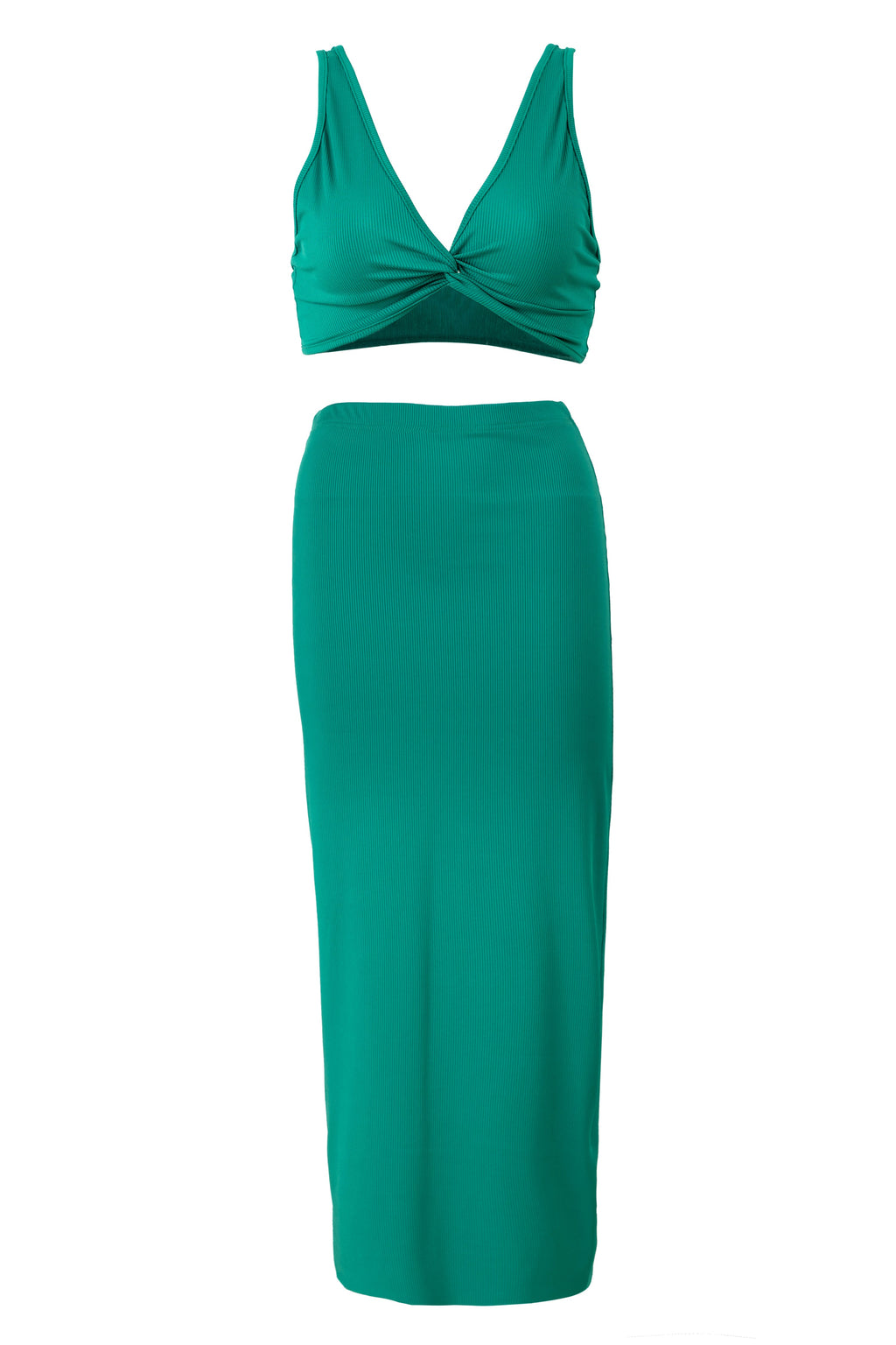 Green Knitted Tie Front Sleeveless Crops Top With Slit Long Dress