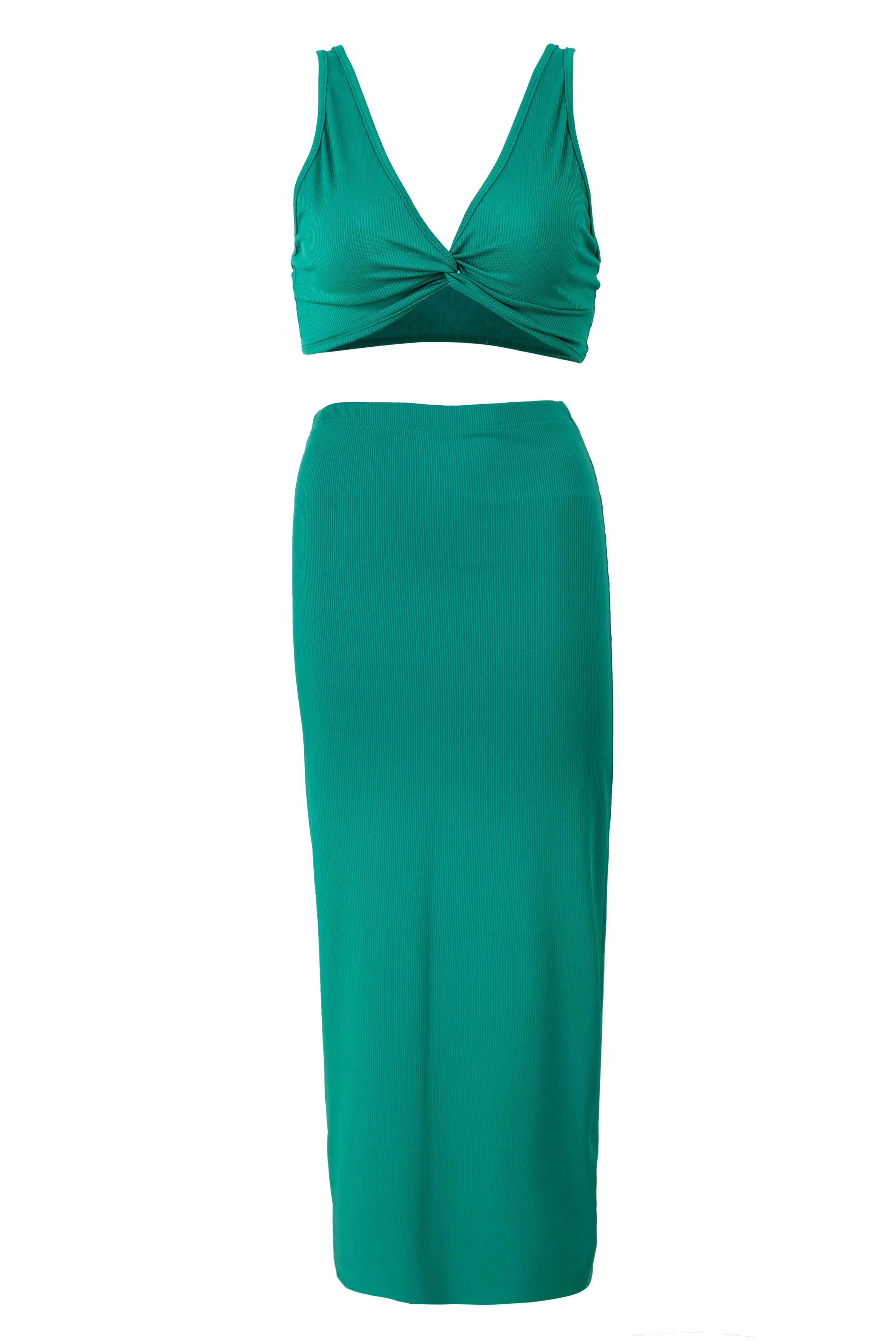 Green Knitted Tie Front Sleeveless Crops Top With Slit Long Dress