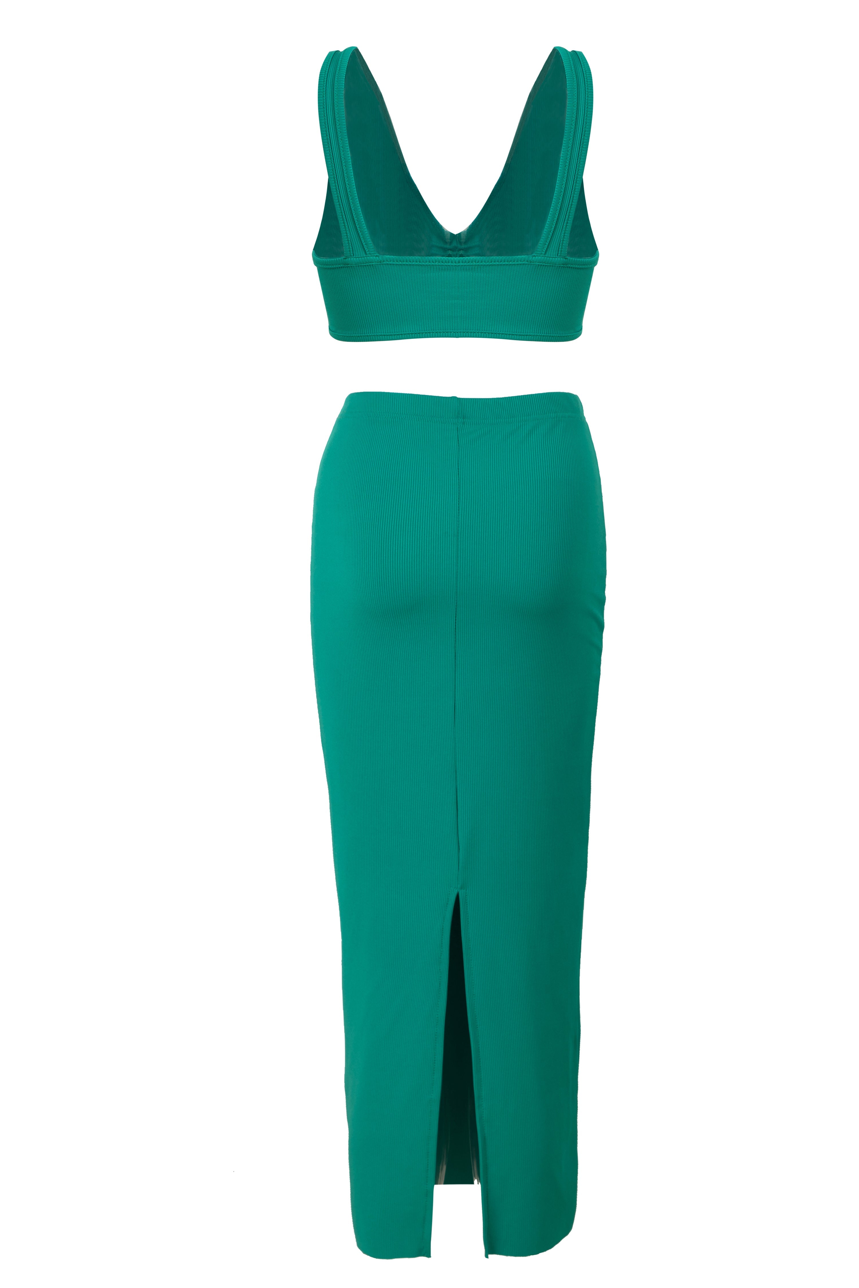 Green Knitted Tie Front Sleeveless Crops Top With Slit Long Dress