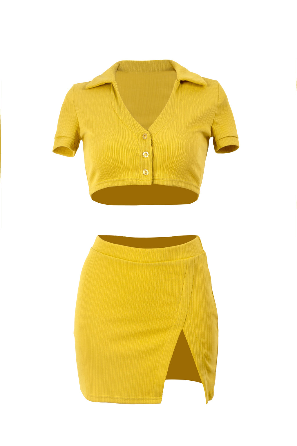 Yellow Solid Ribbed Polo Neck Buttons Crop Top With Slit Mini Dress