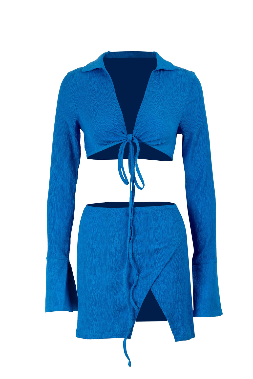 Solid Blue Long Sleeve Lace up Tops With Split Half Dress