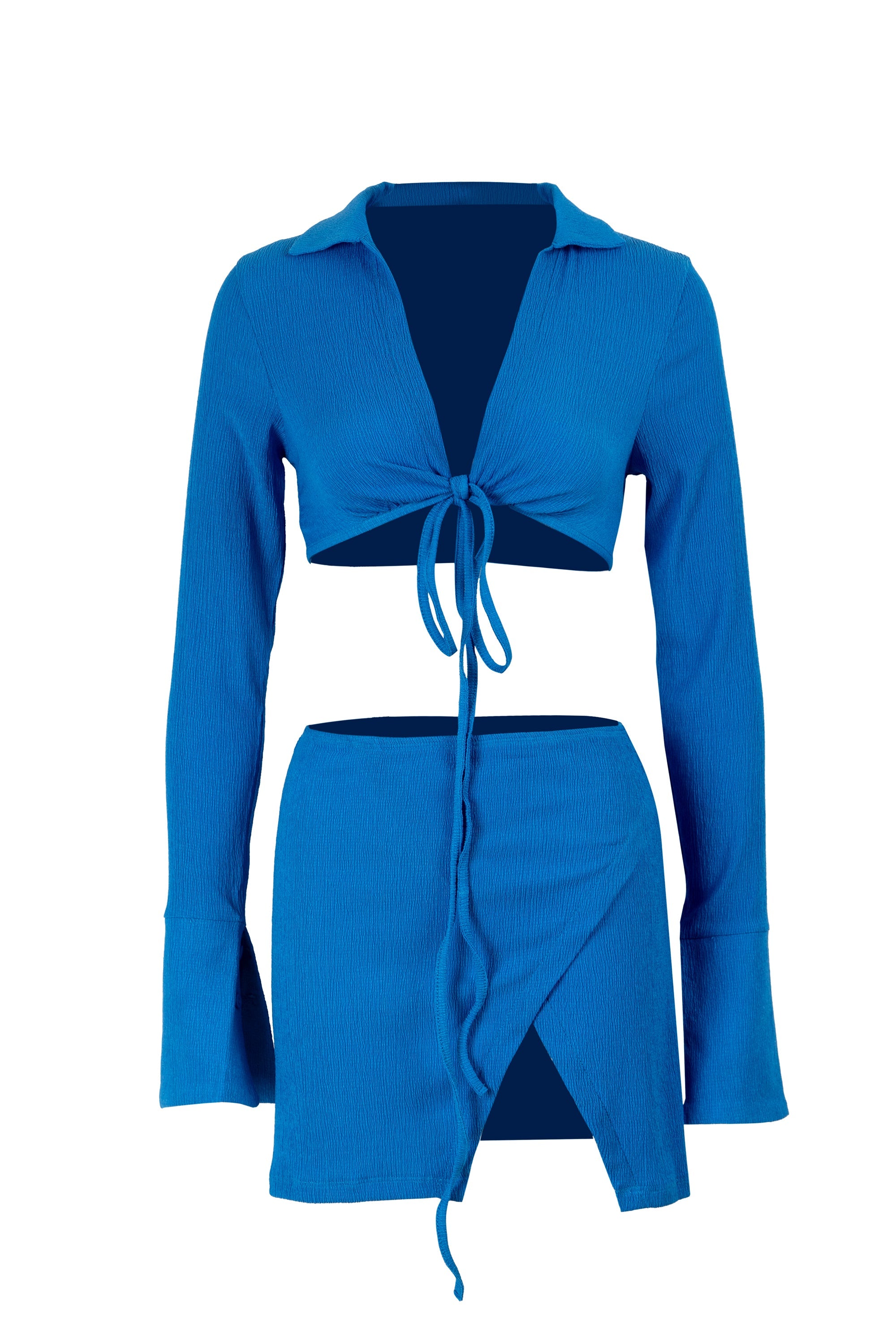 Solid Blue Long Sleeve Lace up Tops With Split Half Dress