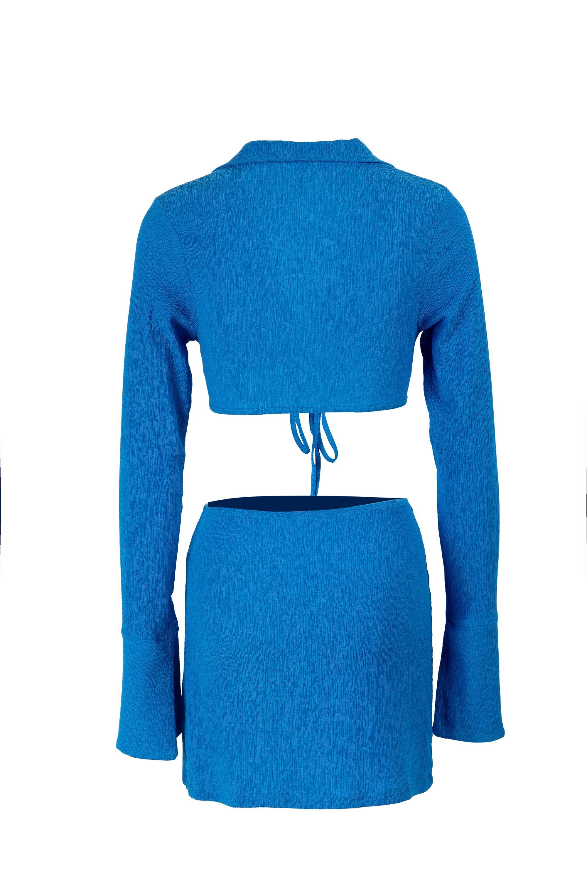 Solid Blue Long Sleeve Lace up Tops With Split Half Dress