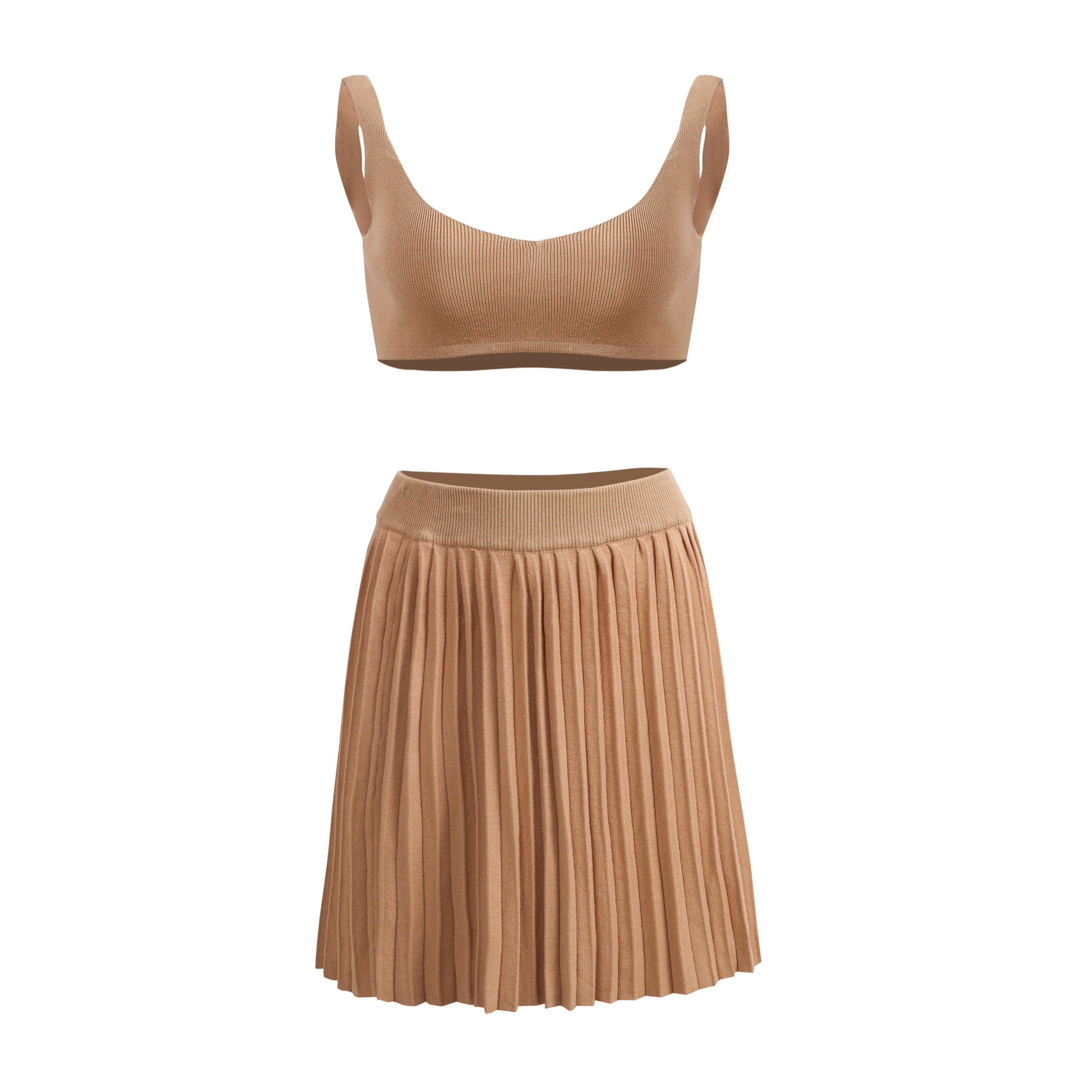 Khaki Sleeveless Bra Crop Tops With Pleated Short A-line Dress