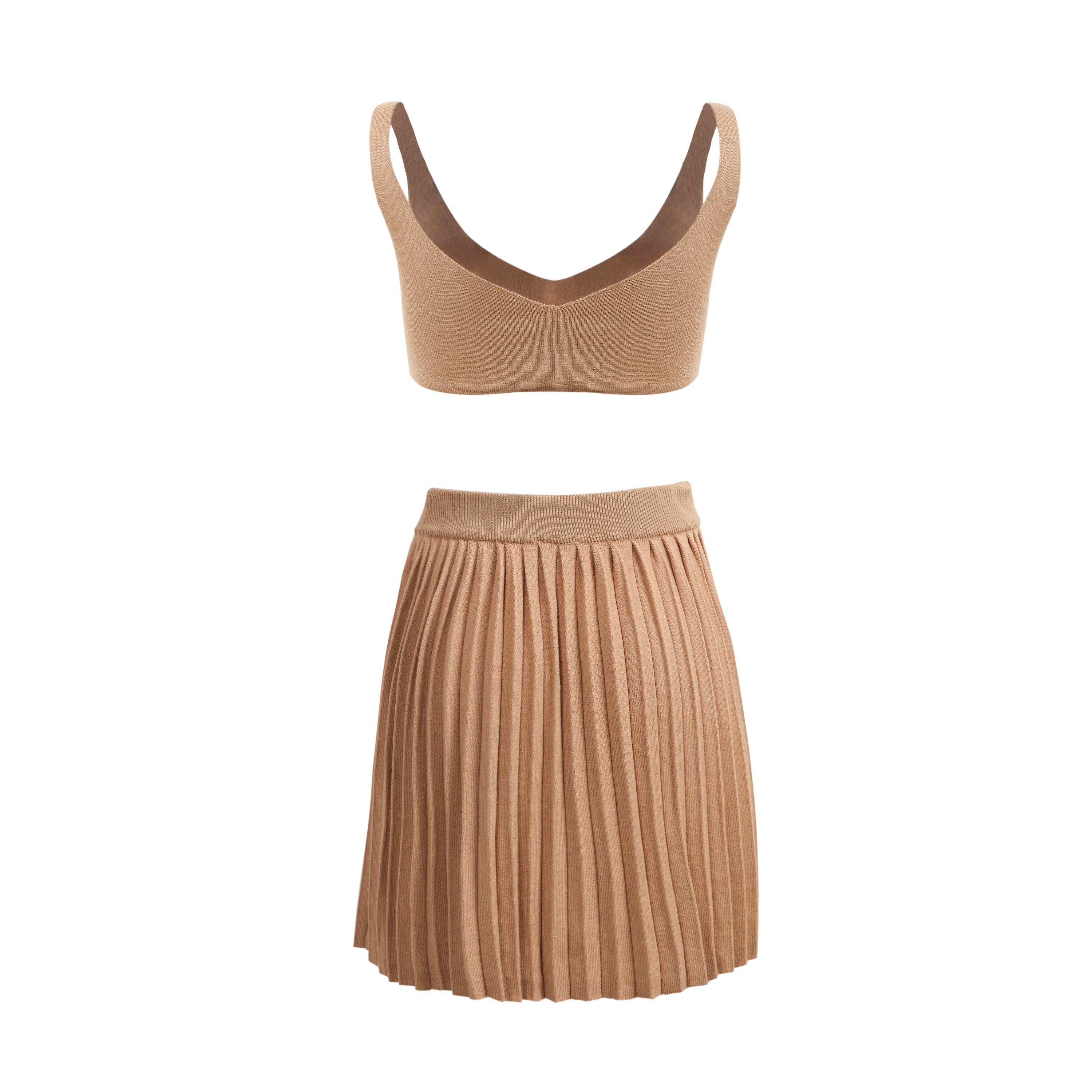 Khaki Sleeveless Bra Crop Tops With Pleated Short A-line Dress