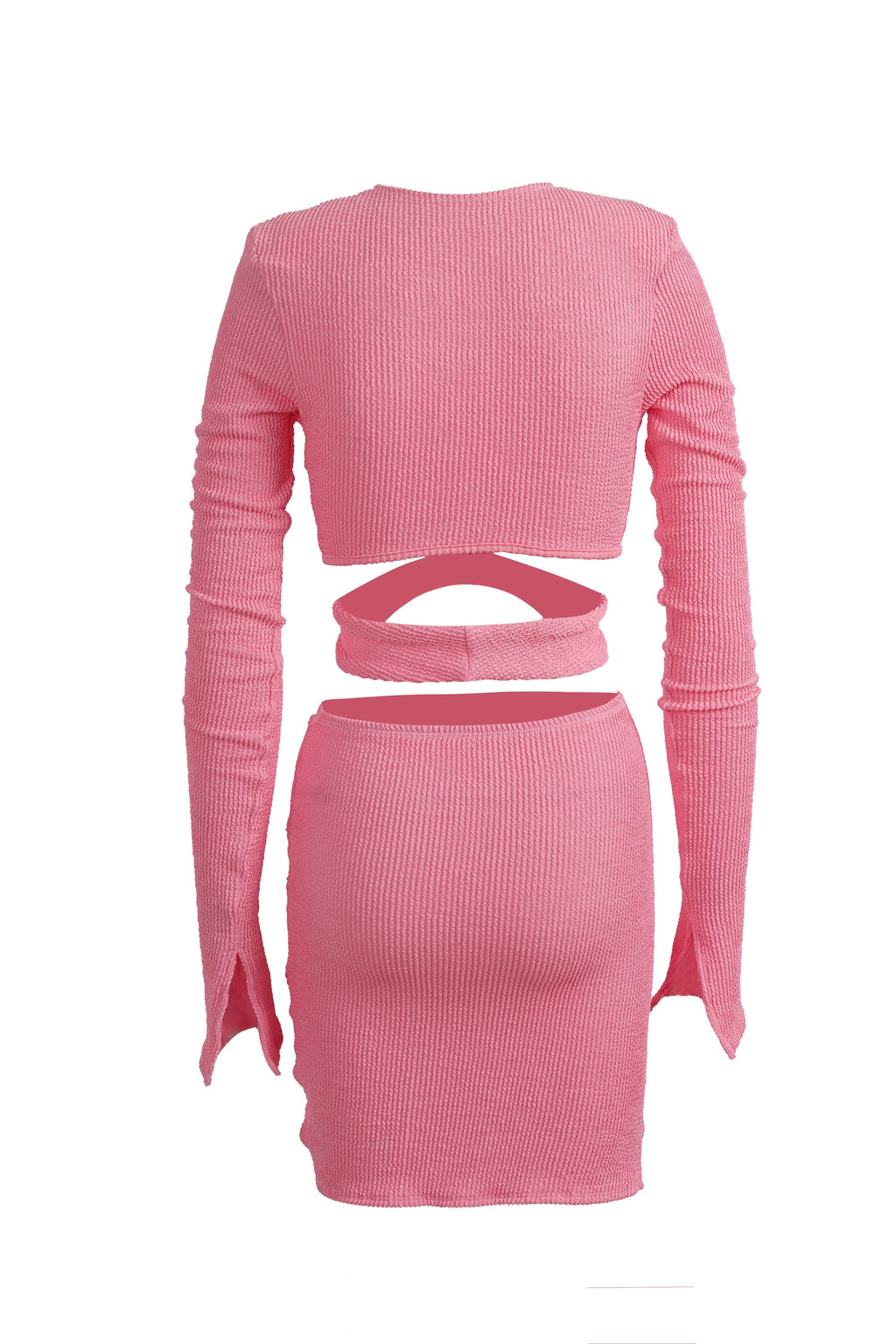 Solid Pink Long Bell Sleeve Two-piece Stretchable Dress