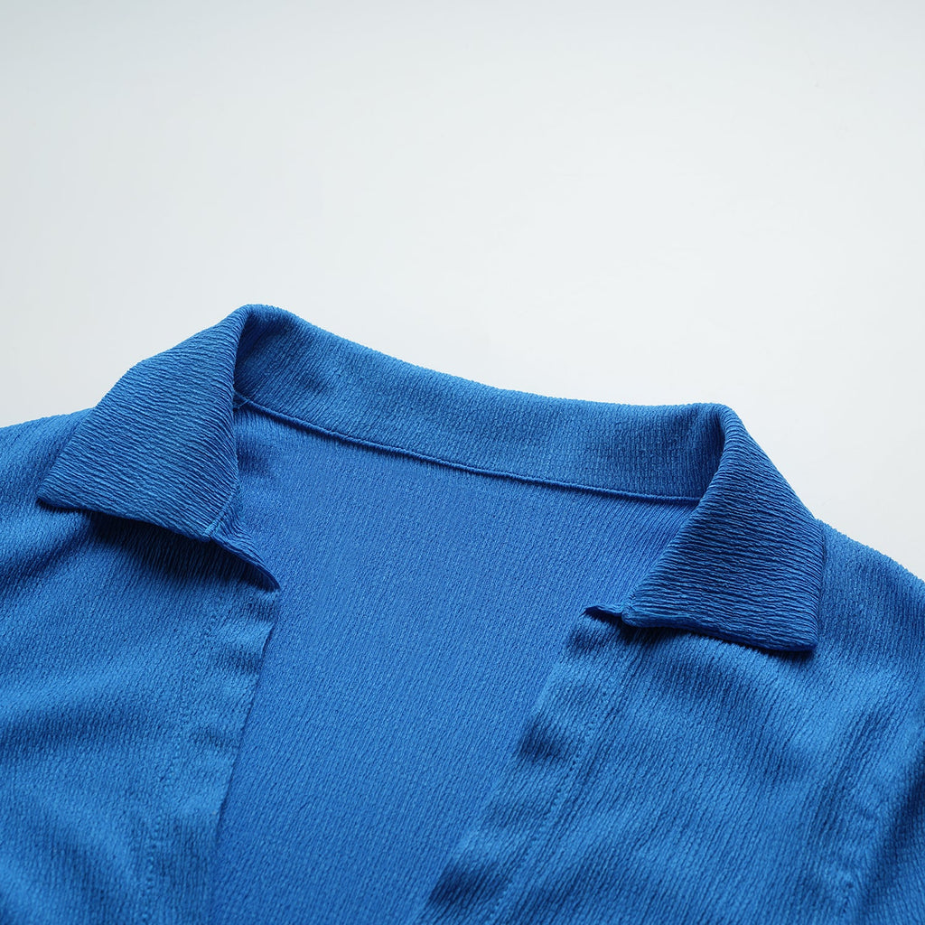Solid Blue Long Sleeve Lace up Tops With Split Half Dress
