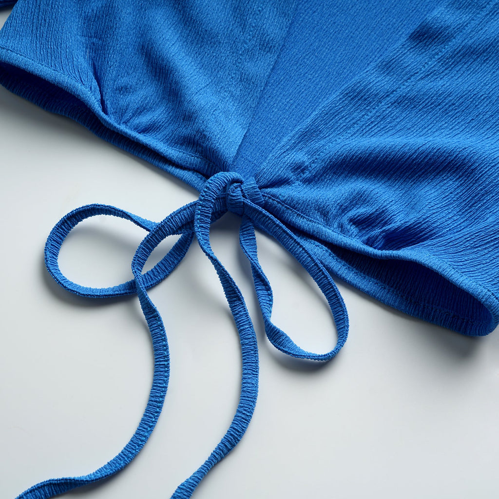 Solid Blue Long Sleeve Lace up Tops With Split Half Dress