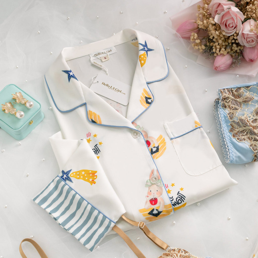 Blue Stripe Cartoon Print Silky Satin Pajamas Set