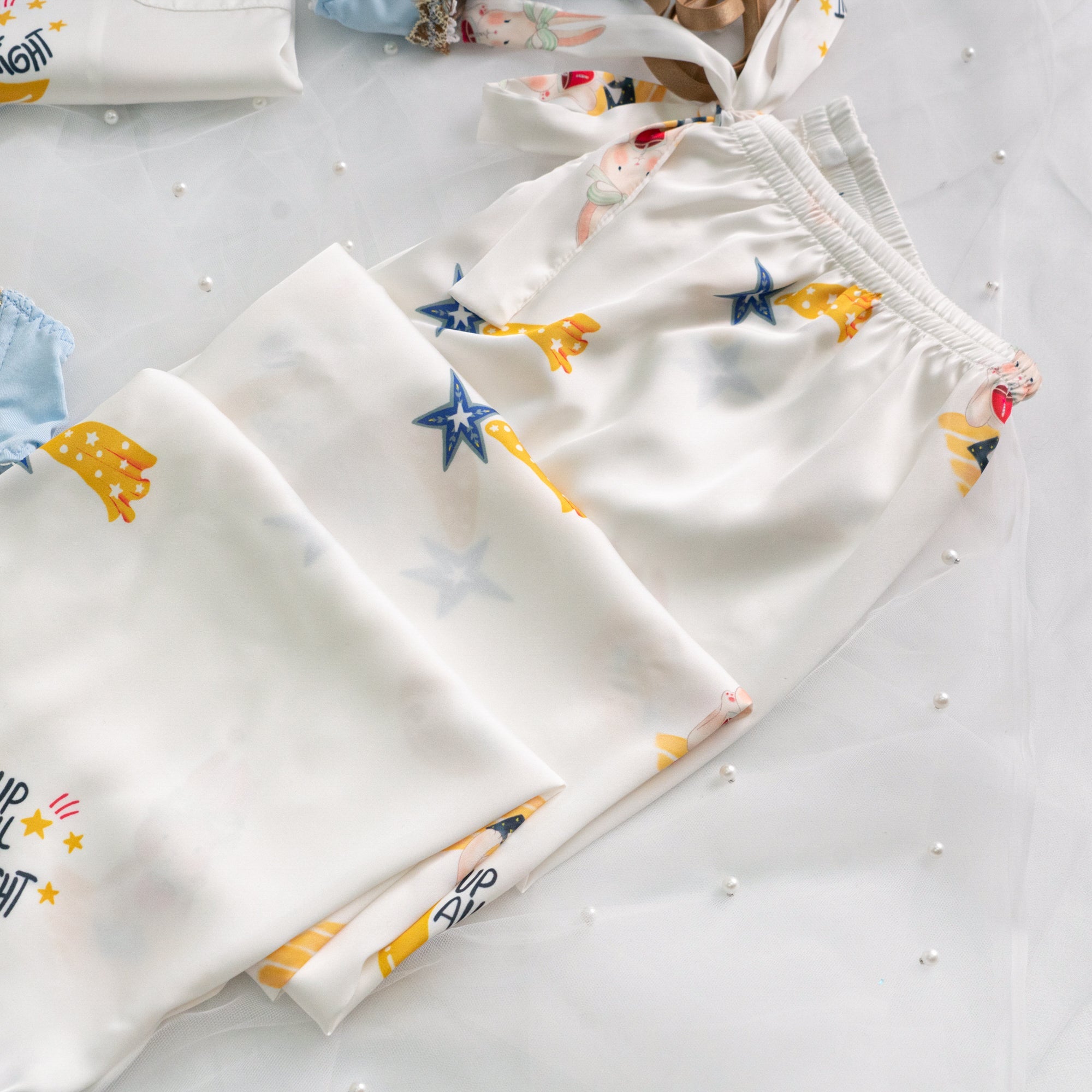Blue Stripe Cartoon Print Silky Satin Pajamas Set