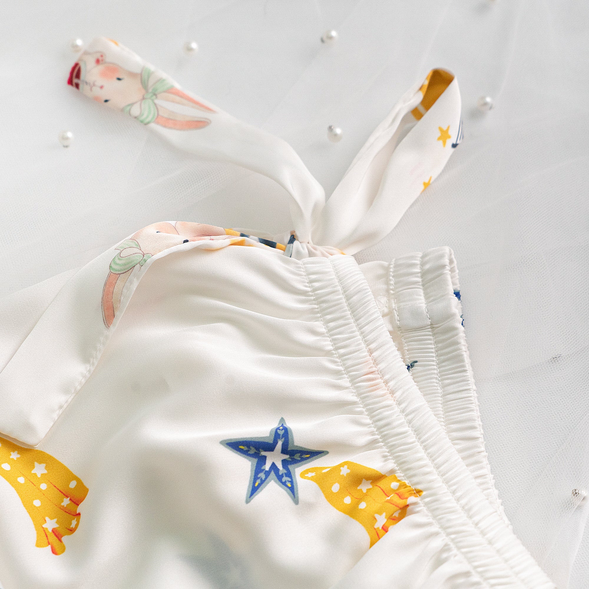 Blue Stripe Cartoon Print Silky Satin Pajamas Set