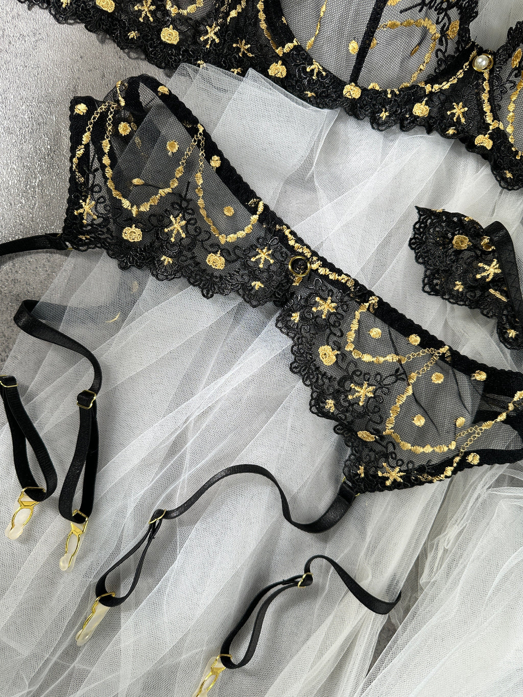 Opulent Lace Pearl-Embellished Lingerie Set