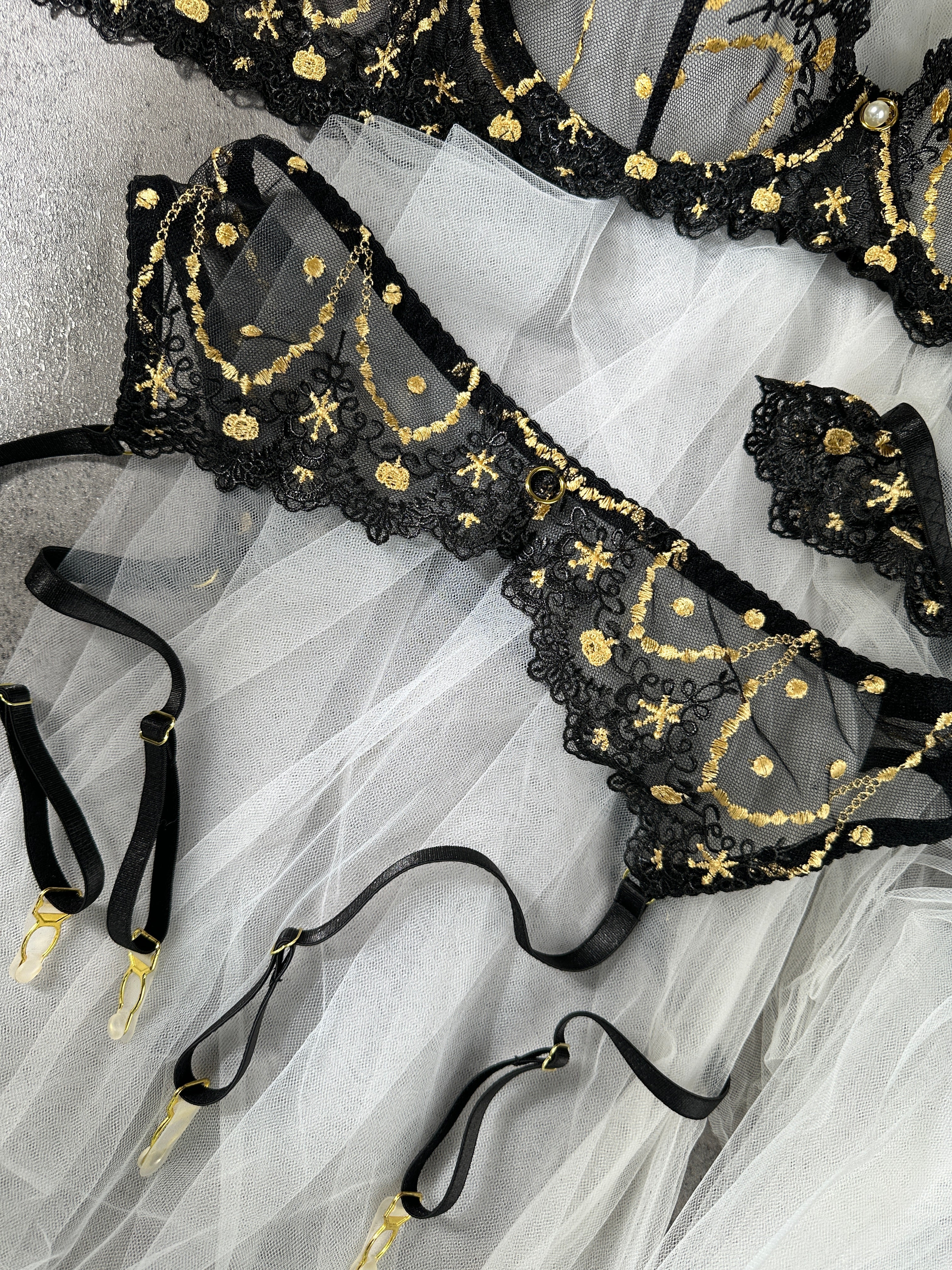 Opulent Lace Pearl-Embellished Lingerie Set