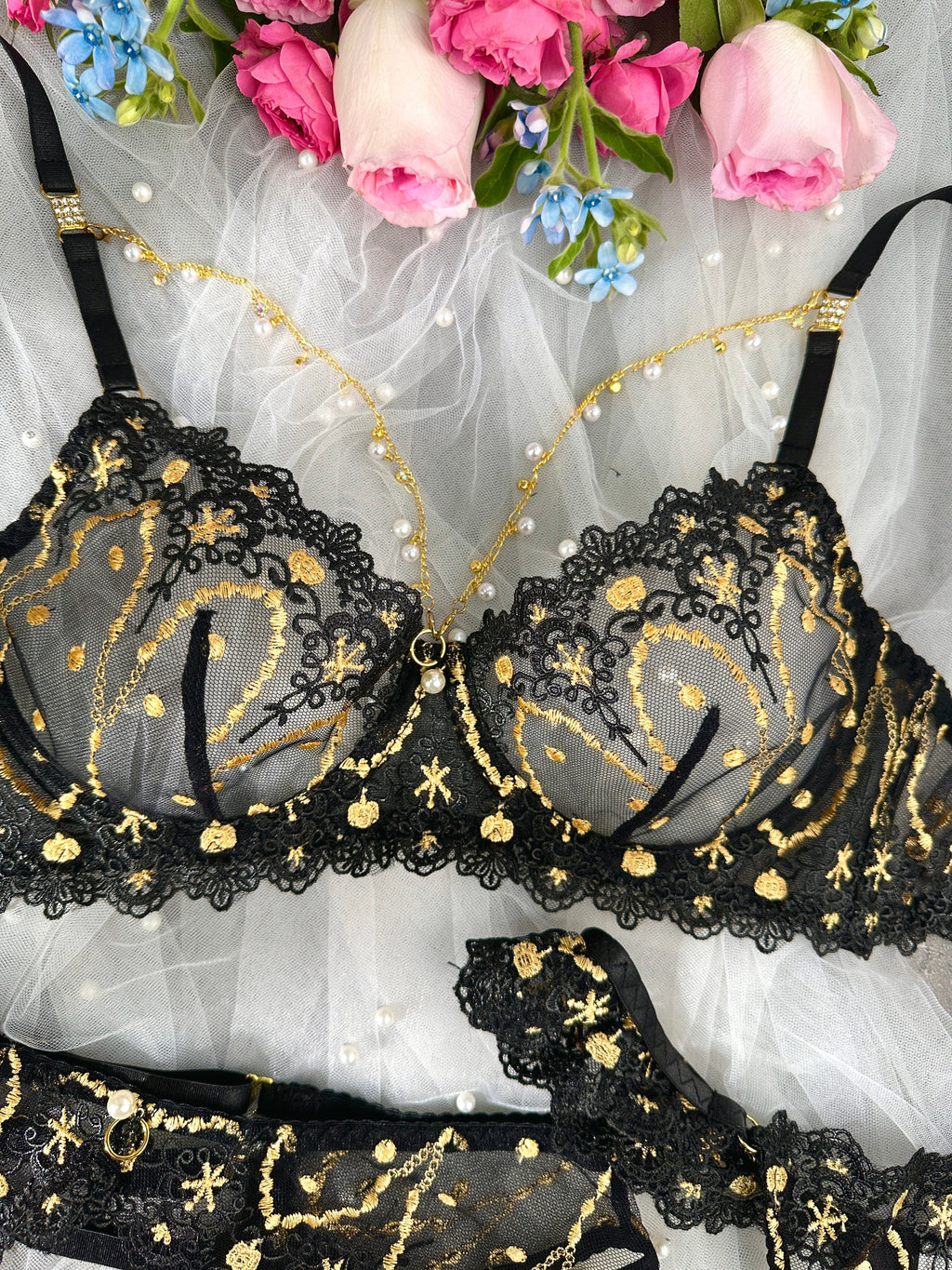 Opulent Lace Pearl-Embellished Lingerie Set
