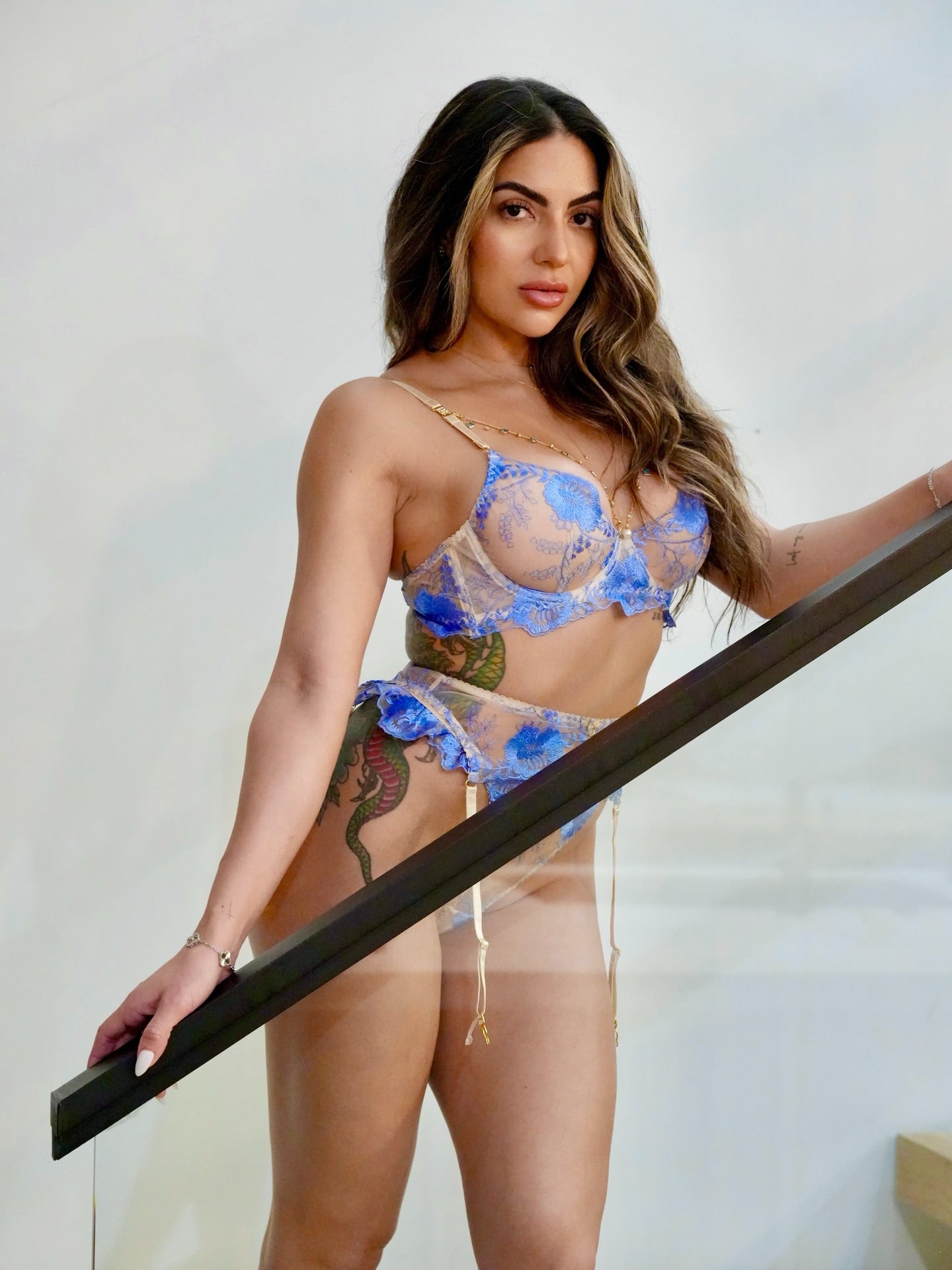 Azure Bloom Chain-Detail Embroidered Lingerie Set