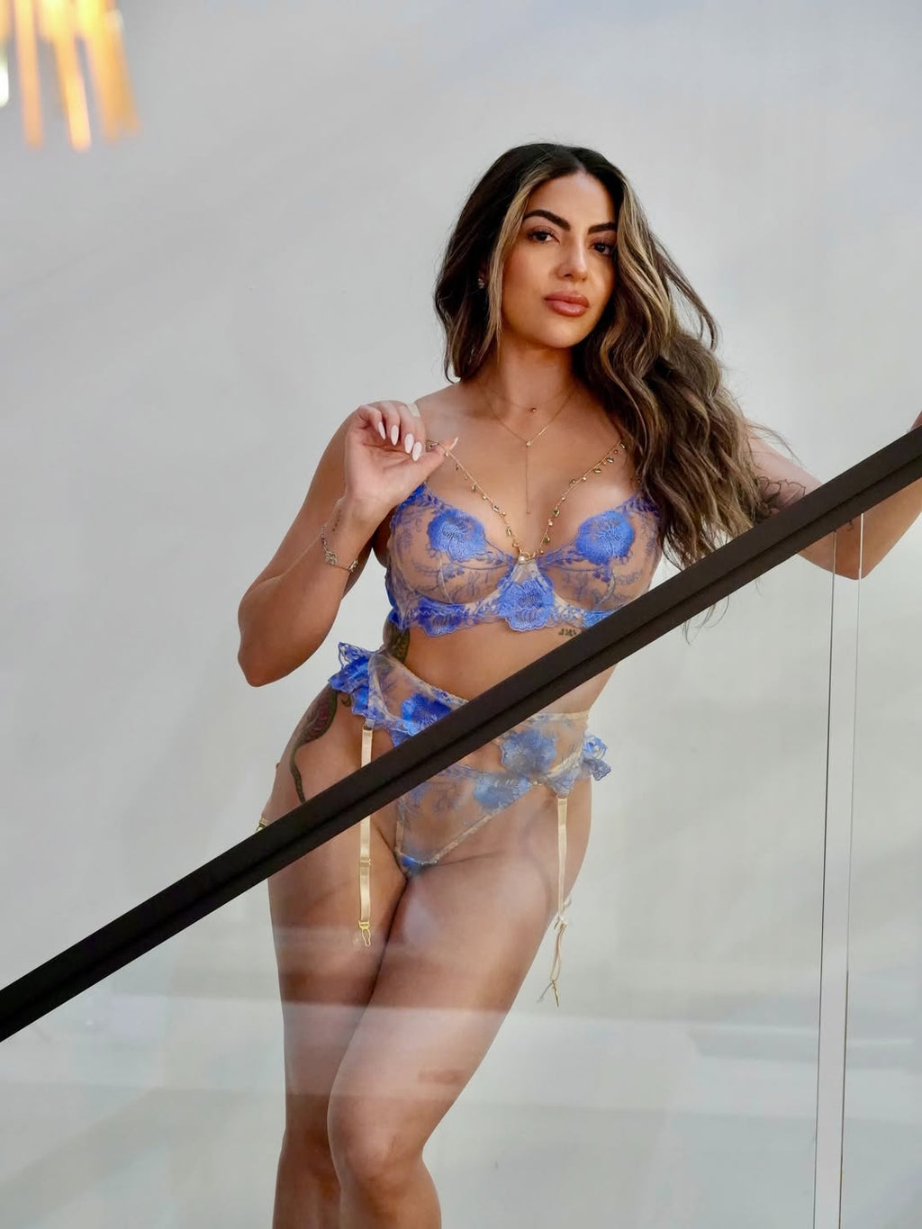 Azure Bloom Chain-Detail Embroidered Lingerie Set