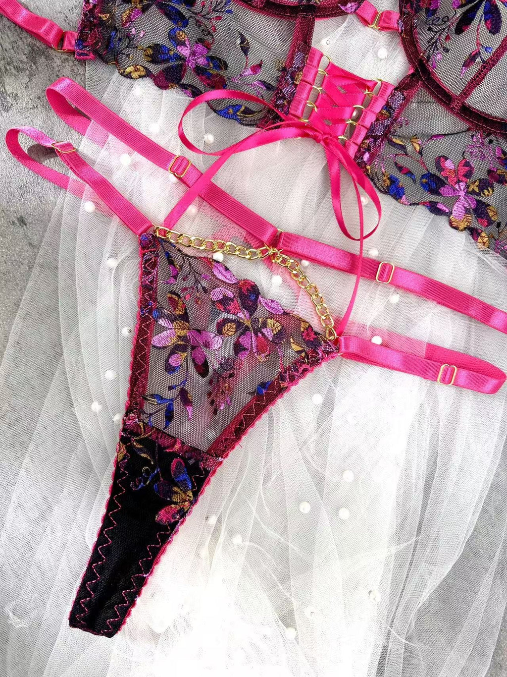 Barbiecore Sheer Floral Chain Accent Lingerie Set