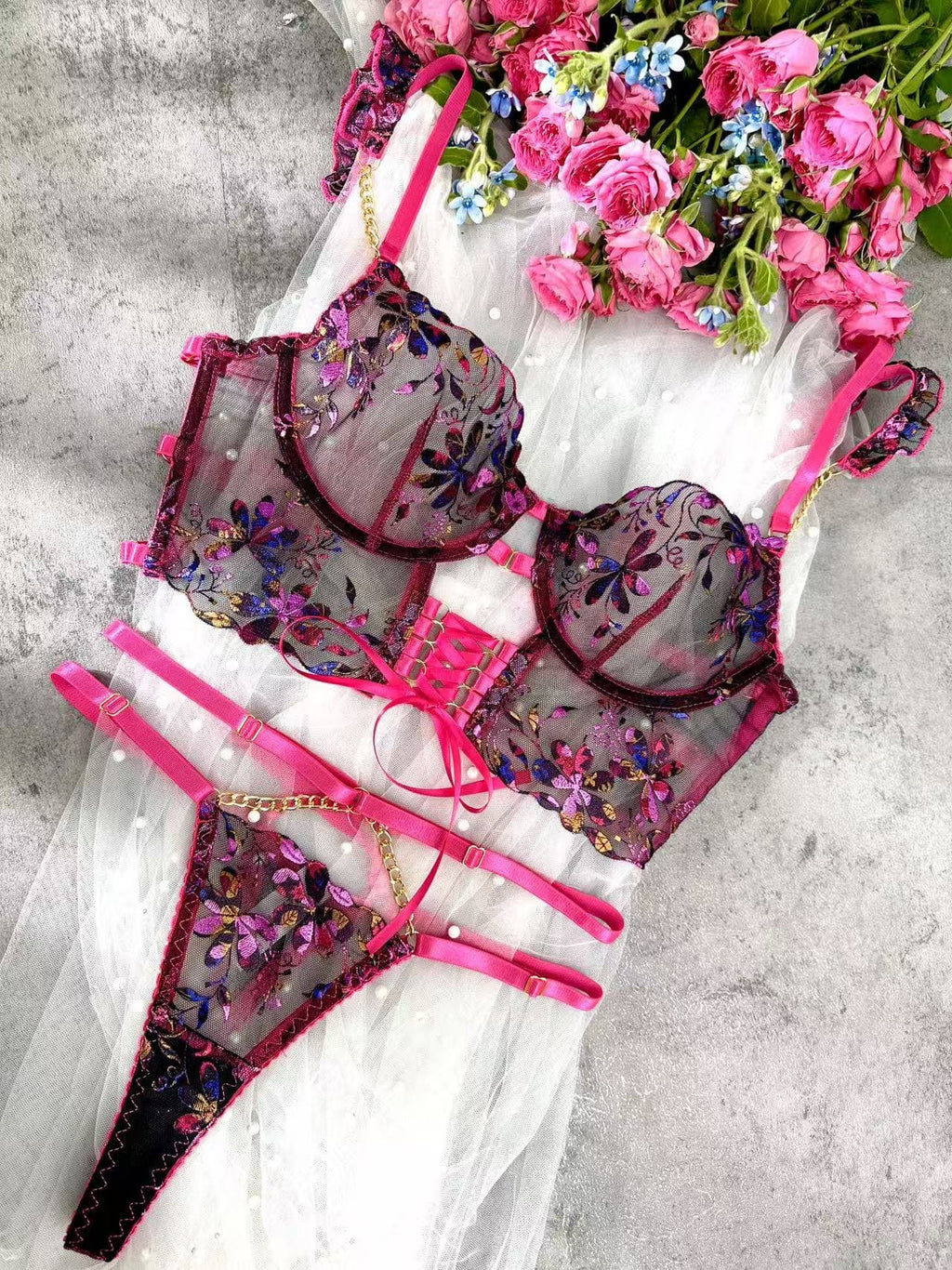 Barbiecore Sheer Floral Chain Accent Lingerie Set
