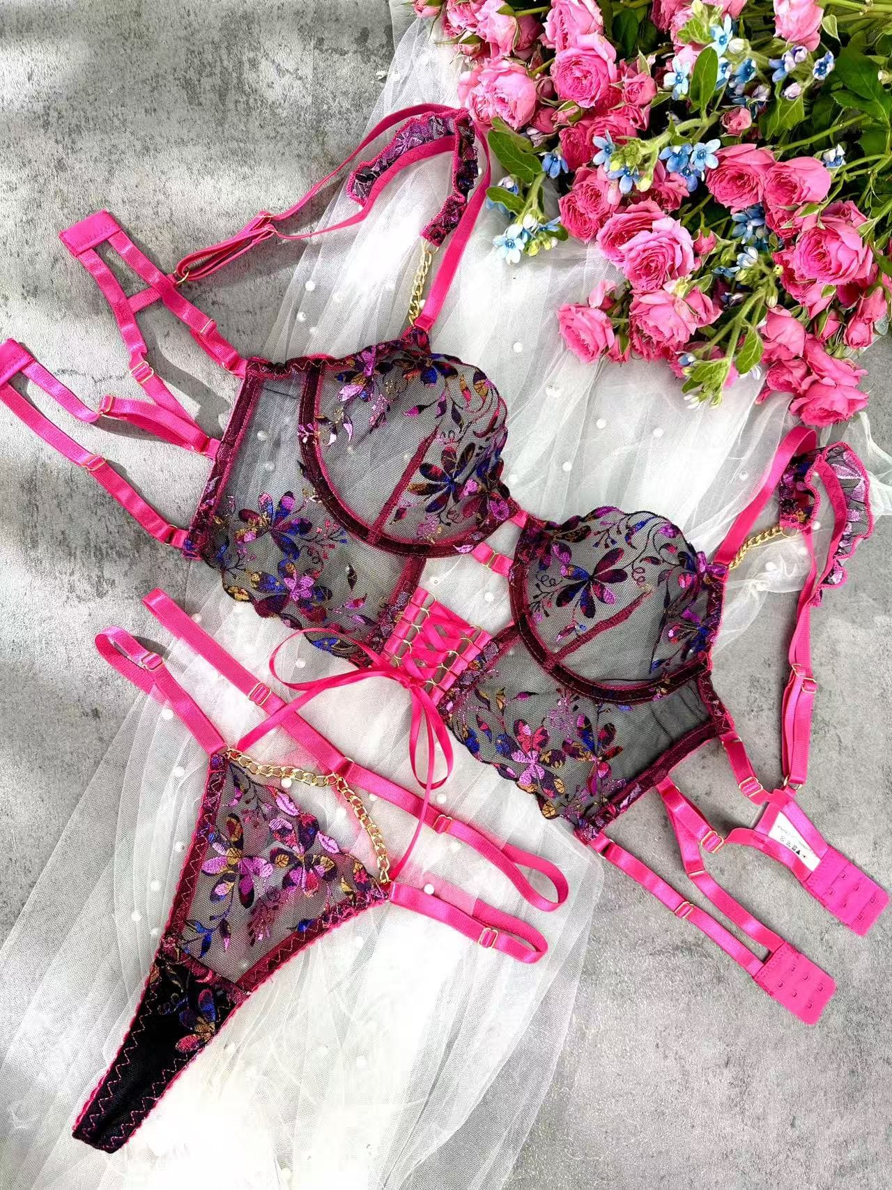 Barbiecore Sheer Floral Chain Accent Lingerie Set