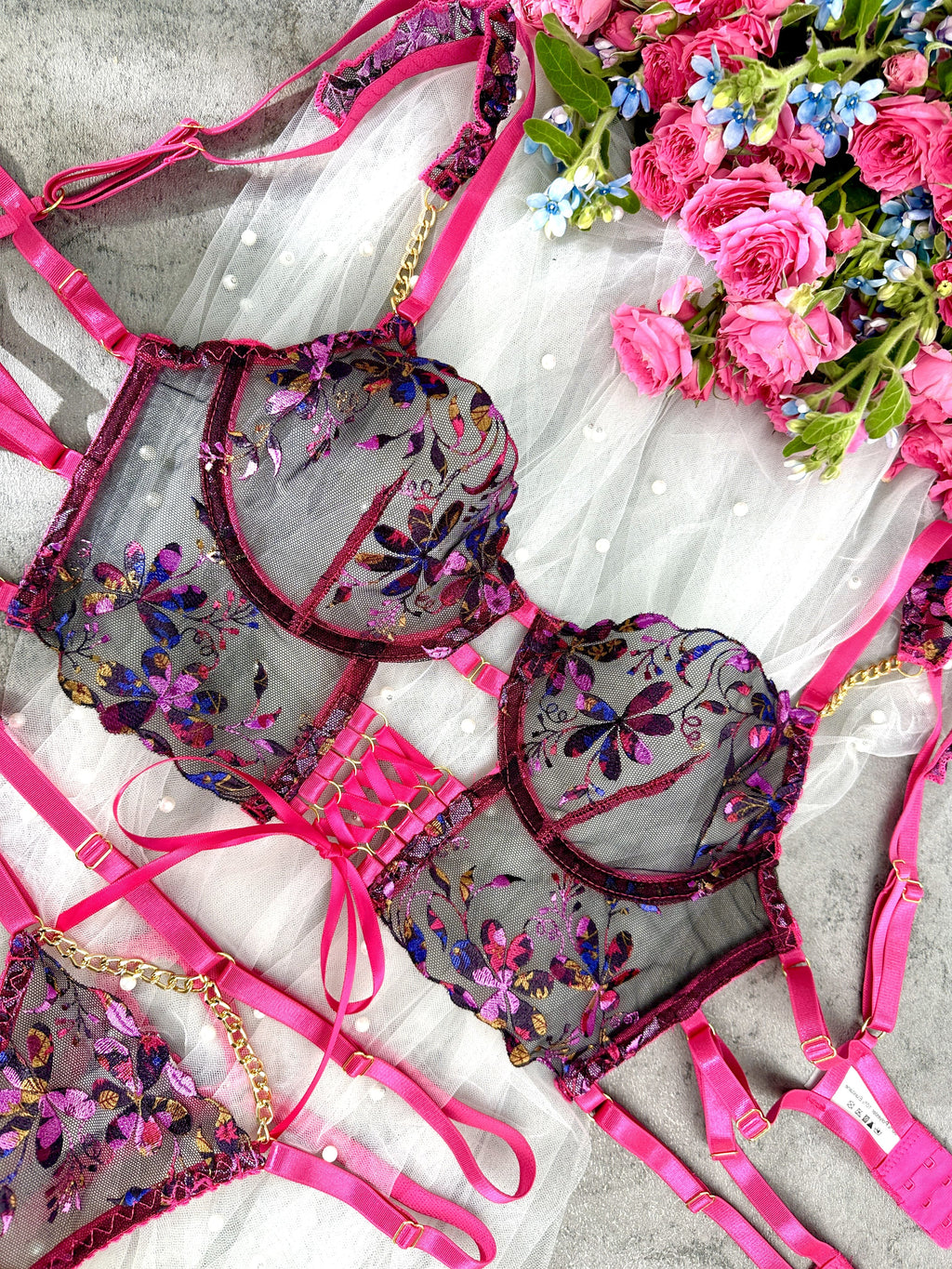 Barbiecore Sheer Floral Chain Accent Lingerie Set